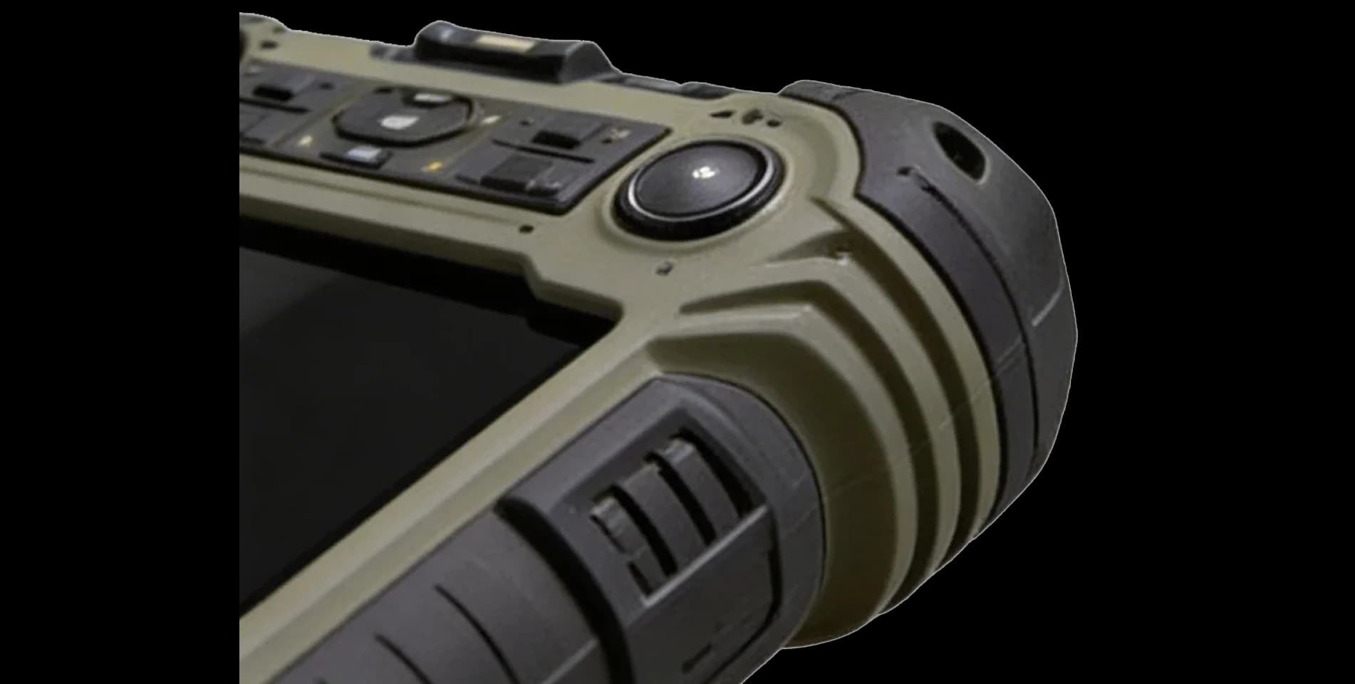 Detailed view of shock-absorbing corner bumper and ribbed housing